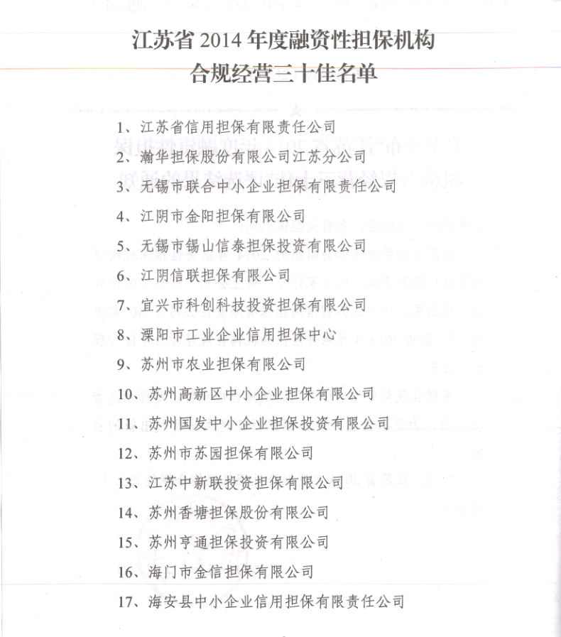 公司榮獲“江蘇省2014年度融資性擔保機構合規經營三十佳”(圖2)